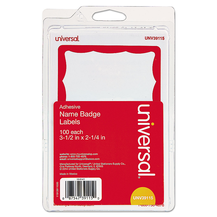 Universal Border-Style Self-Adhesive Name Badges, 3 1/2 x 2 1/4, White/Red, 100/Pack (UNV39115)