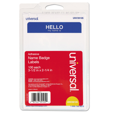 Universal "Hello" Self-Adhesive Name Badges, 3 1/2 x 2 1/4, White/Blue, 100/Pack (39105)