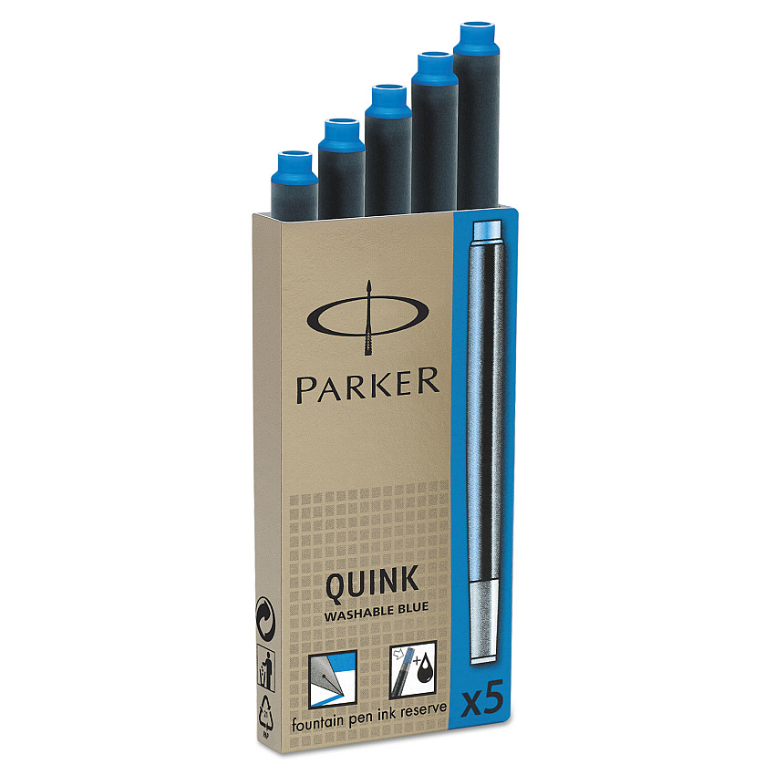 Refill Cartridge for Parker Washable Ink Fountain Pens, Blue Ink, 5/Pack (PAR1950208)