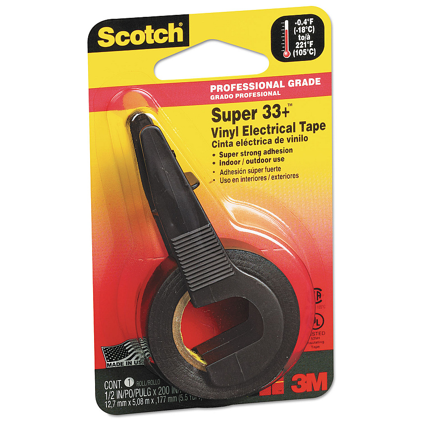 Scotch Super 33+ Vinyl Electrical Tape with Dispenser, 1" Core, 0.5" x 5.5 yds, Black (MMM194NA)