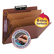 Smead Pressboard Classification Folders, Six SafeSHIELD Fasteners, 1/3-Cut Tabs, 2 Dividers, Letter Size, Red, 10/Box (SMD14230)