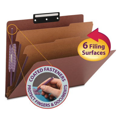 Smead Pressboard Classification Folders, Six SafeSHIELD Fasteners, 1/3-Cut Tabs, 2 Dividers, Letter Size, Red, 10/Box (14230)