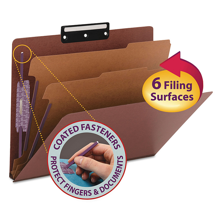 Smead Pressboard Classification Folders, Six SafeSHIELD Fasteners, 1/3-Cut Tabs, 2 Dividers, Letter Size, Red, 10/Box (SMD14230)