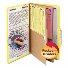 Smead 6-Section Pressboard Top Tab Pocket Classification Folders, 6 SafeSHIELD Fasteners, 2 Dividers, Legal Size, Yellow, 10/Box (19084)