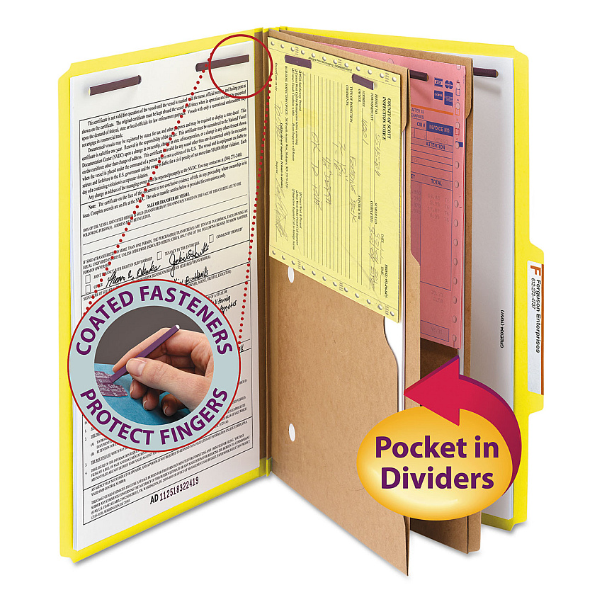 Smead 6-Section Pressboard Top Tab Pocket Classification Folders, 6 SafeSHIELD Fasteners, 2 Dividers, Legal Size, Yellow, 10/Box (SMD19084)