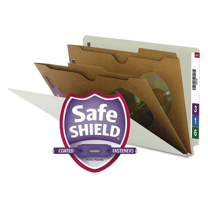 Smead X-Heavy End Tab Pressboard Classification Folders, Six SafeSHIELD Fasteners, 2 Dividers, Legal Size, Gray-Green, 10/Box (SMD29710)