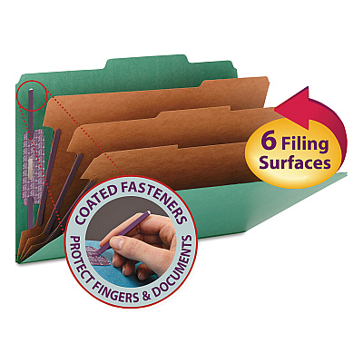 Smead Eight-Section Pressboard Top Tab Classification Folders, Eight SafeSHIELD Fasteners, 3 Dividers, Legal Size, Green, 10/Box (SMD19097)