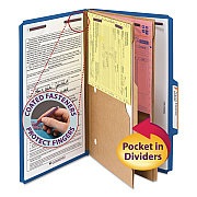Smead 6-Section Pressboard Top Tab Pocket Classification Folders, 6 SafeSHIELD Fasteners, 2 Dividers, Legal Size, Dark Blue, 10/Box (SMD19077)