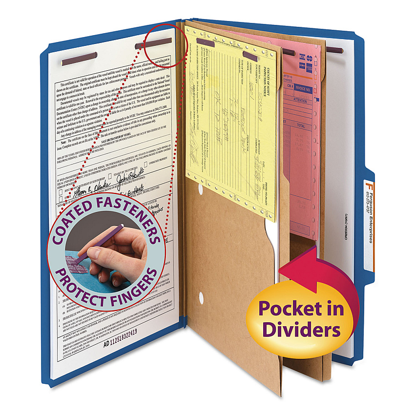 Smead 6-Section Pressboard Top Tab Pocket Classification Folders, 6 SafeSHIELD Fasteners, 2 Dividers, Legal Size, Dark Blue, 10/Box (SMD19077)