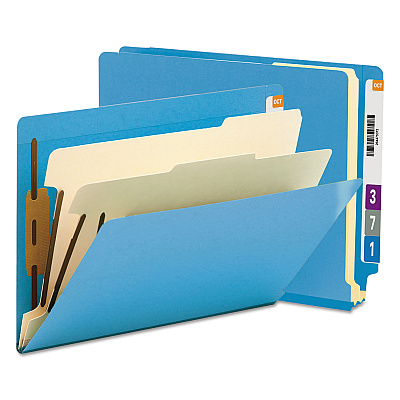 Smead Colored End Tab Classification Folders with Dividers, 2" Expansion, 2 Dividers, 6 Fasteners, Letter Size, Blue, 10/Box (SMD26836)