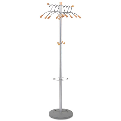Alba Wavy Coat Tree, Six Hangers/Two Knobs/Four Hooks, 18.88w x 14d x 68.5h, Silver/Wood (ABAPMWAVE)