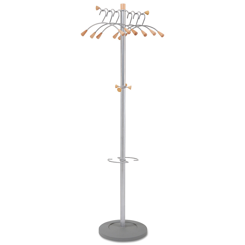 Alba Wavy Coat Tree, Six Hangers/Two Knobs/Four Hooks, 18.88w x 14d x 68.5h, Silver/Wood (ABAPMWAVE)