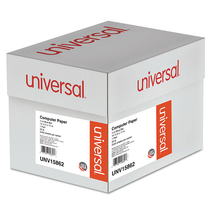 Universal Printout Paper, 1-Part, 20 lb Bond Weight, 14.88 x 11, White/Blue Bar, 2,400/Carton (UNV15862)