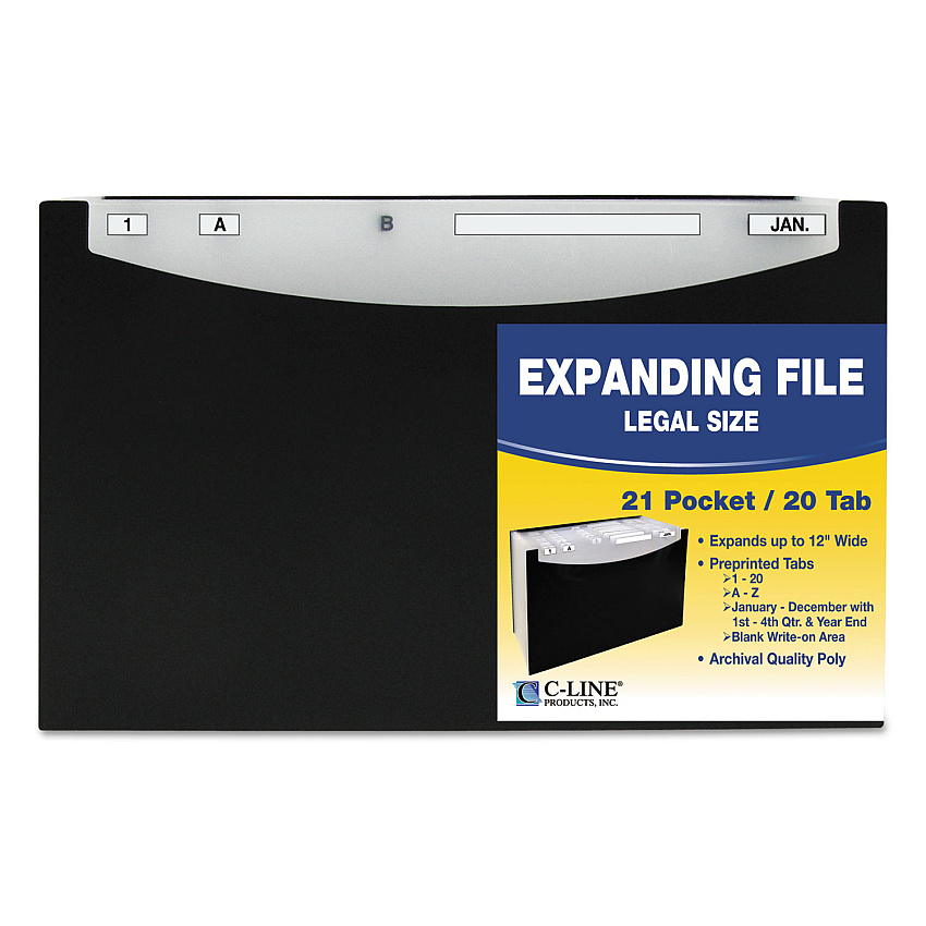 C-Line 21-Pocket Stand-Up Design Expanding File, 12" Expansion, 21 Sections, 1/5-Cut Tabs, Legal Size, Black (CLI48221)