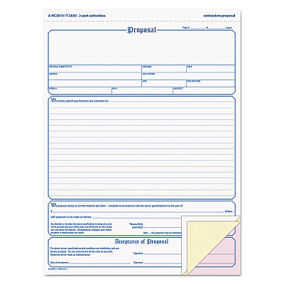 Adams Contractor Proposal Form, Three-Part Carbonless, 8.5 x 11.44, 50 Forms Total (ABFNC3819)
