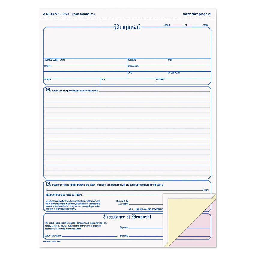 Adams Contractor Proposal Form, Three-Part Carbonless, 8.5 x 11.44, 50 Forms Total (ABFNC3819)