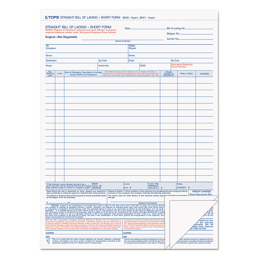 TOPS Bill of Lading, Three-Part Carbonless, 8.5 x 11, 50 Forms Total (TOP3846)