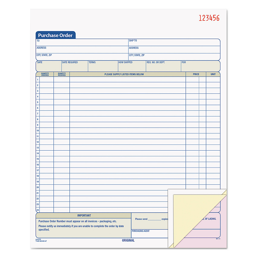 TOPS Purchase Order Book, 22 Lines, Three-Part Carbonless, 8.38 x 10.19, 50 Forms Total (TOP46147)