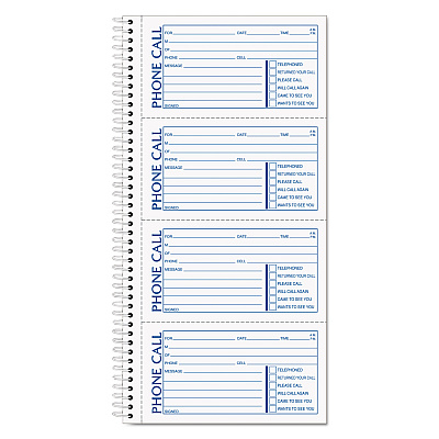 TOPS Spiralbound Message Book, Two-Part Carbonless, 5 x 2.75, 4 Forms/Sheet, 200 Forms Total (TOP4002)