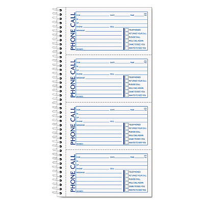 TOPS Second Nature Phone Call Book, Two-Part Carbonless, 5 x 2.75, 4 Forms/Sheet, 400 Forms Total (TOP74620)