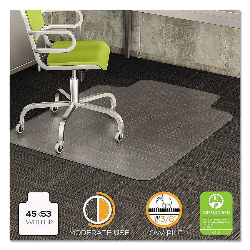 deflecto DuraMat Moderate Use Chair Mat for Low Pile Carpet, 45 x 53 with Lip, Clear (DEFCM13233COM)