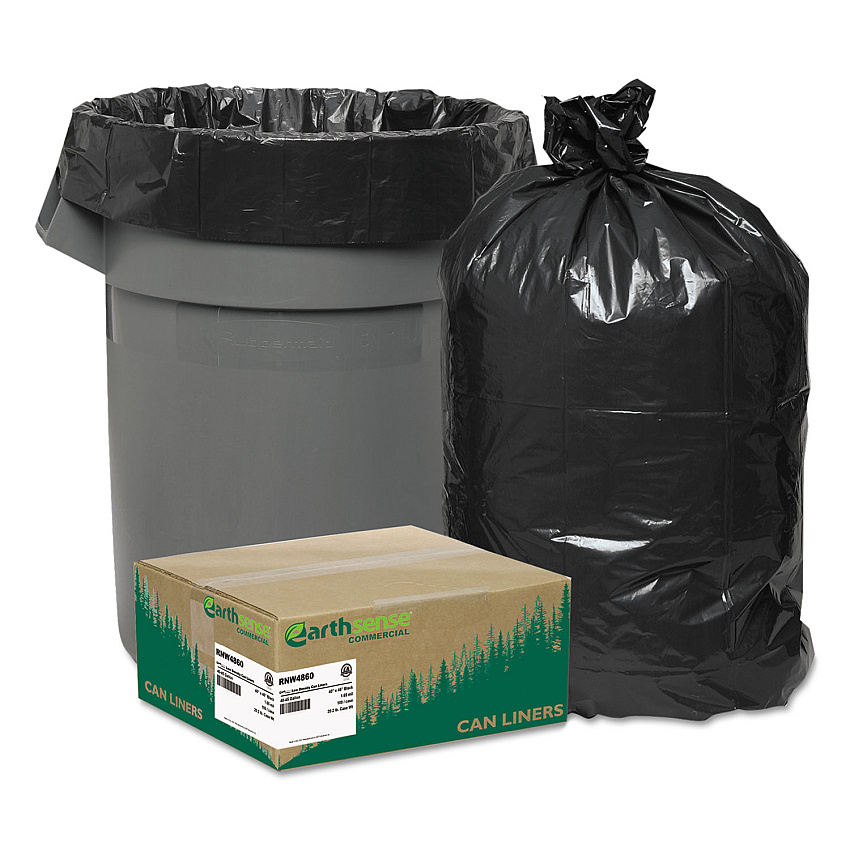 Earthsense Commercial Linear Low Density Recycled Can Liners, 45 gal, 1.65 mil, 40" x 46", Black, 10 Bags/Roll, 10 Rolls/Carton (WBIRNW4860)