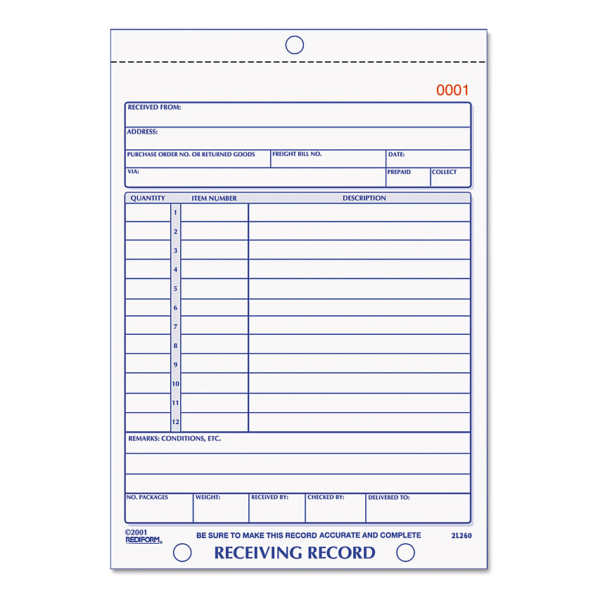 Rediform Receiving Record Book, Three-Part Carbonless, 5.56 x 7.94, 50 Forms Total (RED2L260)