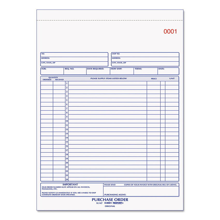 Rediform Purchase Order Book, 17 Lines, Three-Part Carbonless, 8.5 x 11, 50 Forms Total (RED1L147)