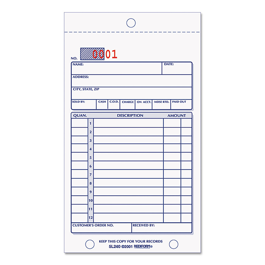 Rediform Sales Book, 12 Lines, Two-Part Carbonless, 3.63 x 6.38, 50 Forms Total (RED5L240)