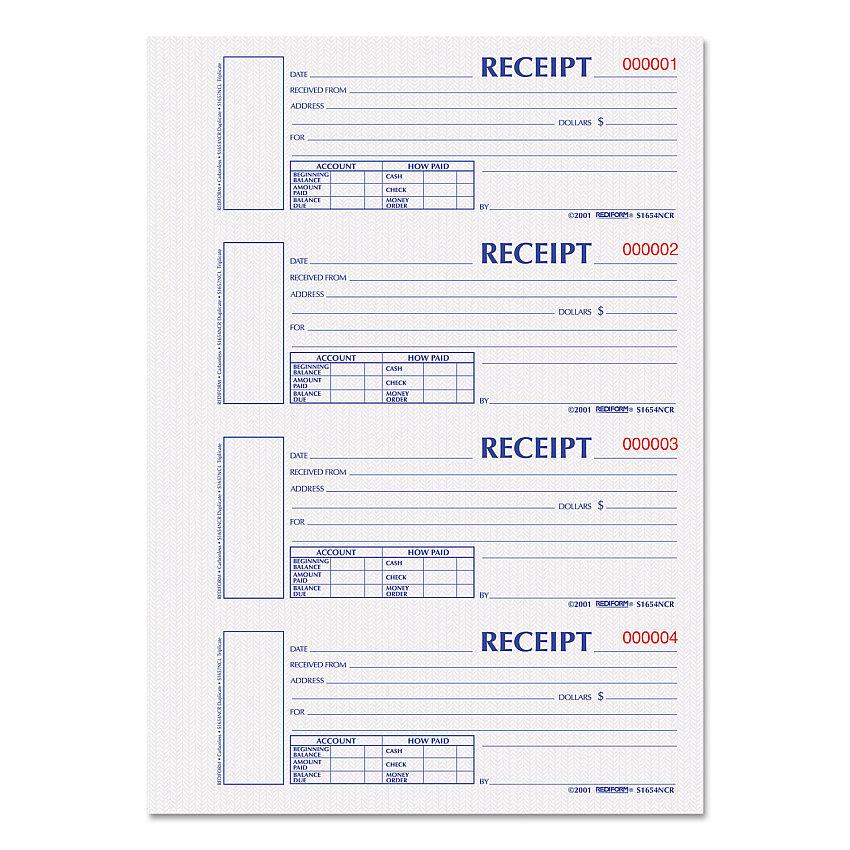 Rediform Durable Hardcover Numbered Money Receipt Book, Two-Part Carbonless, 6.88 x 2.75, 4 Forms/Sheet, 300 Forms Total (REDS1654NCR)