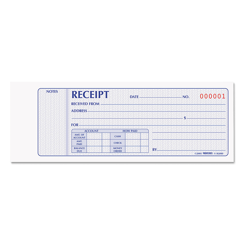 Rediform Receipt Book, Two-Part Carbonless, 7 x 2.75, 4 Forms/Sheet, 100 Forms Total (RED8L800)
