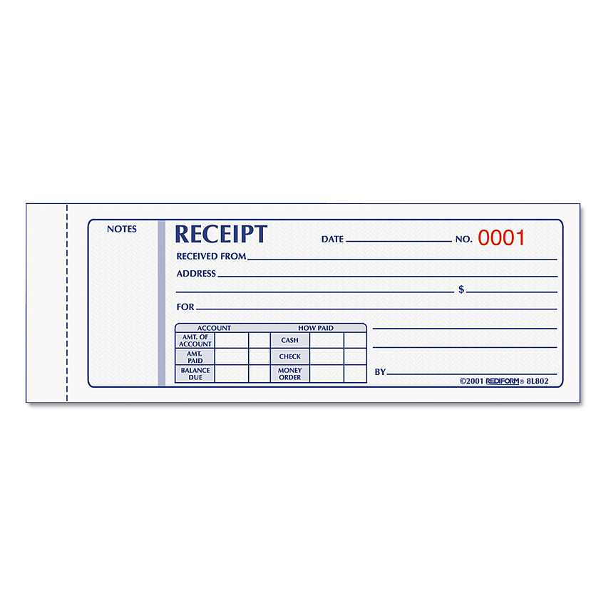 Rediform Receipt Book, Three-Part Carbonless, 7 x 2.75, 4 Forms/Sheet, 50 Forms Total (RED8L802)