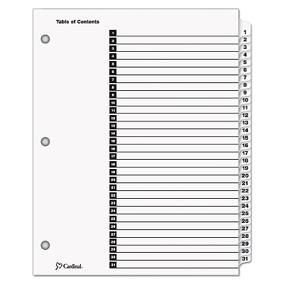 Cardinal OneStep Printable Table of Contents and Dividers, 31-Tab, 1 to 31, 11 x 8.5, White, White Tabs, 1 Set (CRD60113)