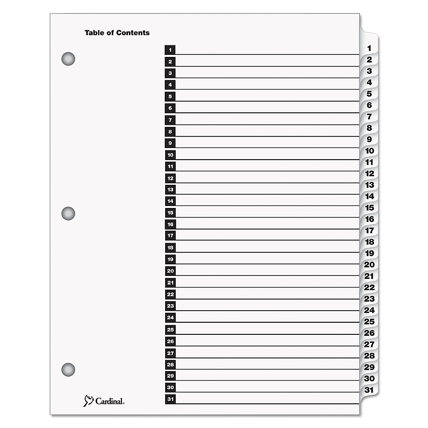 Cardinal OneStep Printable Table of Contents and Dividers, 31-Tab, 1 to 31, 11 x 8.5, White, White Tabs, 1 Set (CRD60113)