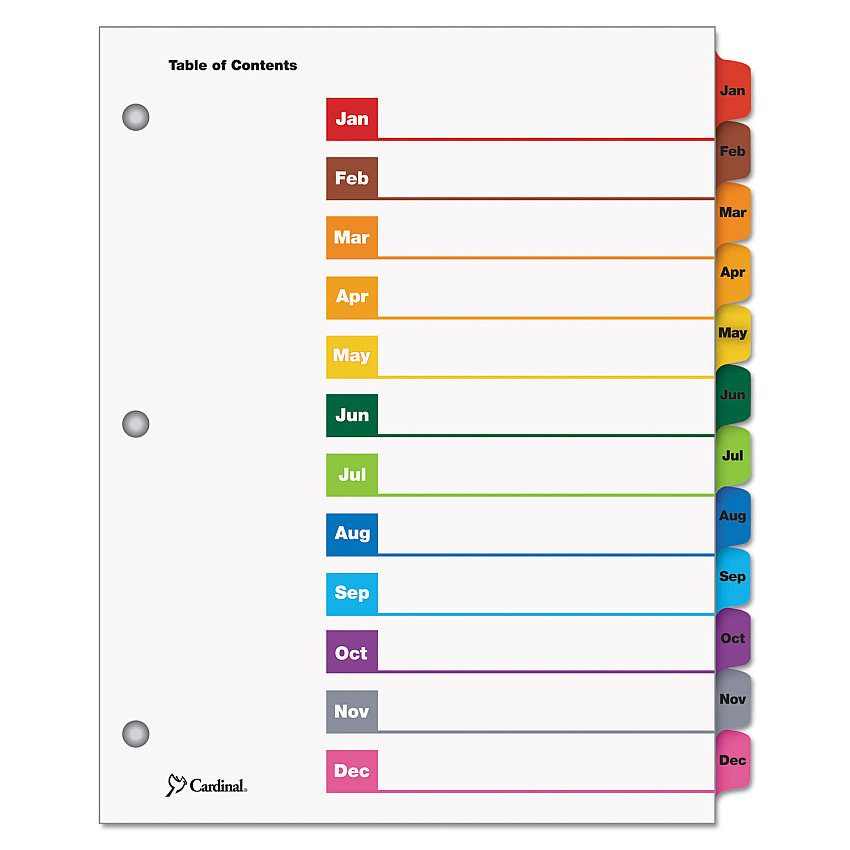 Cardinal OneStep Printable Table of Contents and Dividers, 12-Tab, Jan. to Dec., 11 x 8.5, White, Assorted Tabs, 1 Set (CRD60318)