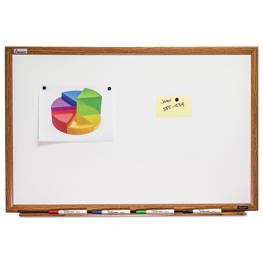 AbilityOne 7110013347080, SKILCRAFT Magnetic Porcelain Dry Erase Board, 48 x 36, White Surface, Light Brown Oak Frame