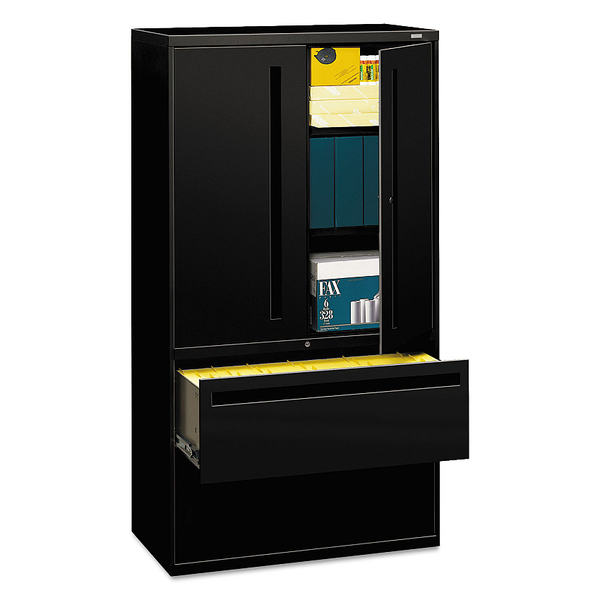 HON Brigade 700 Series Lateral File, Three-Shelf Enclosed Storage, 2 Legal/Letter-Size File Drawers, Black, 36" x 18" x 64.25" (HON785LSP)