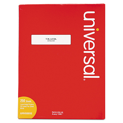 Universal White Labels, Inkjet/Laser Printers, 1 x 4, White, 20/Sheet, 250 Sheets/Box (UNV80002)