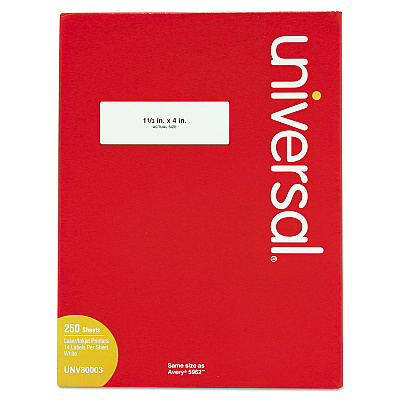Universal White Labels, Inkjet/Laser Printers, 1.33 x 4, White, 14/Sheet, 250 Sheets/Box (UNV80003)