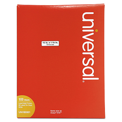 Universal White Labels, Inkjet/Laser Printers, 0.5 x 1.75, White, 80/Sheet, 100 Sheets/Box (UNV80001)
