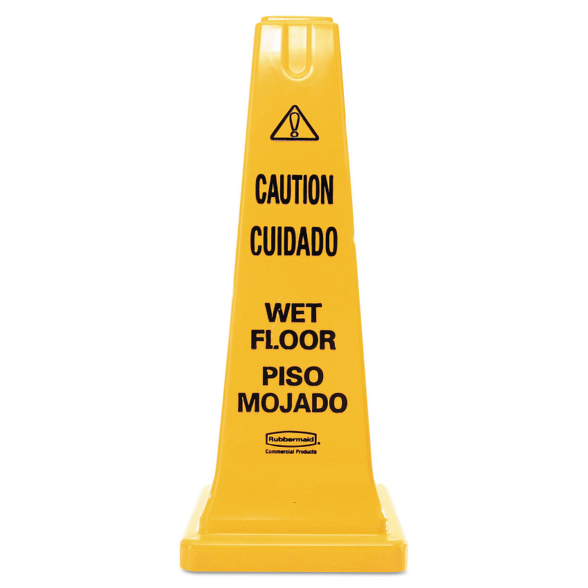 Rubbermaid Commercial Multilingual Wet Floor Safety Cone, 10.55 x 10.5 x 25.63, Yellow (RCP627777)
