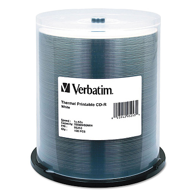 Verbatim CD-R DataLifePlus Printable Recordable Disc, 700 MB/80 min, 52x, Spindle, White, 100/Pack (95253)