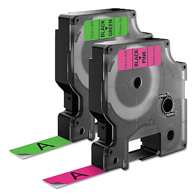 DYMO D1 High-Performance Polyester Perm Label Tape, 0.5" x 10 ft, Black on Neon, 2/Pack (DYM1933238)