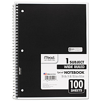 Mead Spiral Notebook, 3-Hole Punched, 1-Subject, Wide/Legal Rule, Randomly Assorted Cover Color, (100) 10.5 x 7.5 Sheets (MEA05514)