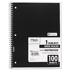 Mead Spiral Notebook, 3-Hole Punched, 1-Subject, Wide/Legal Rule, Randomly Assorted Cover Color, (100) 10.5 x 7.5 Sheets (MEA05514)