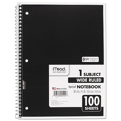 Mead Spiral Notebook, 3-Hole Punched, 1-Subject, Wide/Legal Rule, Randomly Assorted Cover Color, (100) 10.5 x 7.5 Sheets (MEA05514)