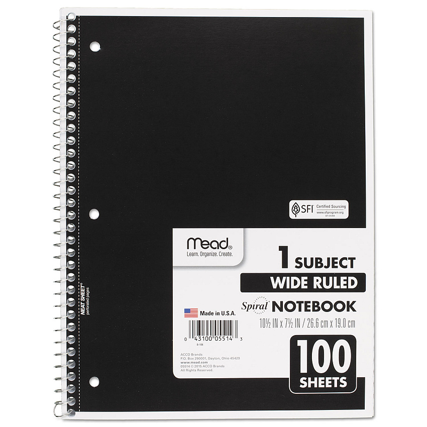 Mead Spiral Notebook, 3-Hole Punched, 1-Subject, Wide/Legal Rule, Randomly Assorted Cover Color, (100) 10.5 x 7.5 Sheets (MEA05514)