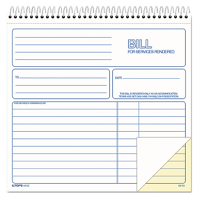 TOPS Bill for Services Rendered Book, Two-Part Carbonless, 8.5 x 7.75, 50 Forms Total (TOP4133)