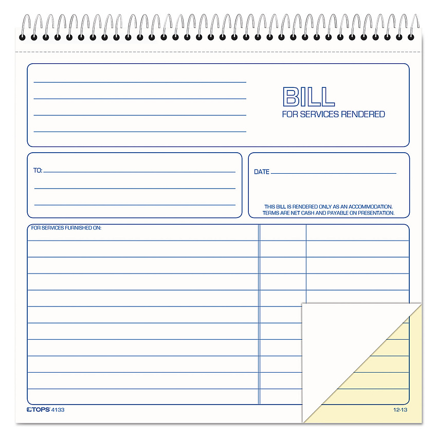 TOPS Bill for Services Rendered Book, Two-Part Carbonless, 8.5 x 7.75, 50 Forms Total (TOP4133)