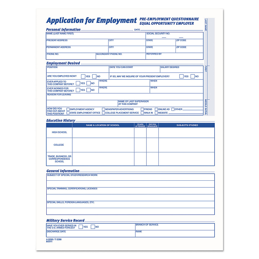 TOPS Comprehensive Employee Application Form, One-Part (No Copies), 17 x 11, 25 Forms Total (TOP3288)